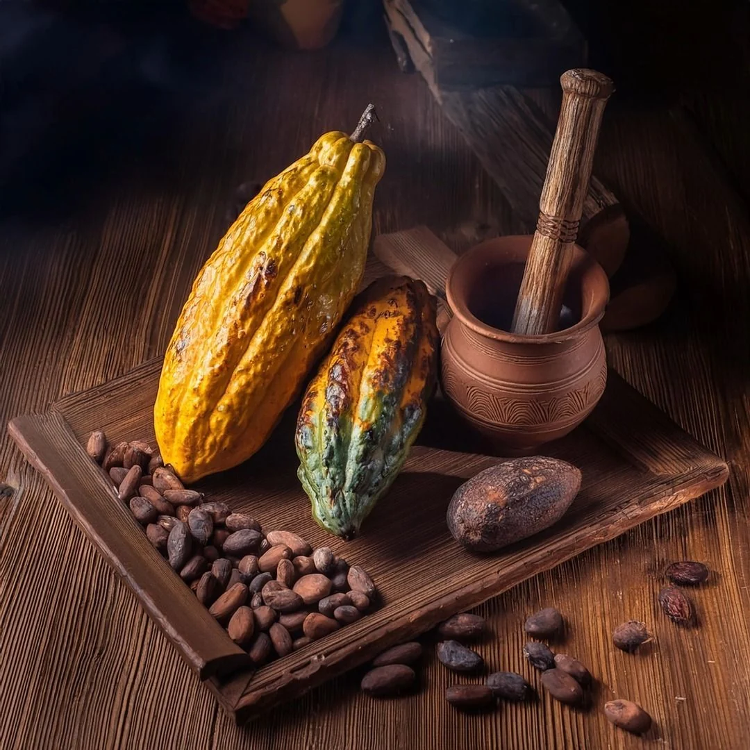 Vagens de cacau, grãos e um pilão de barro sobre uma bandeja de madeira