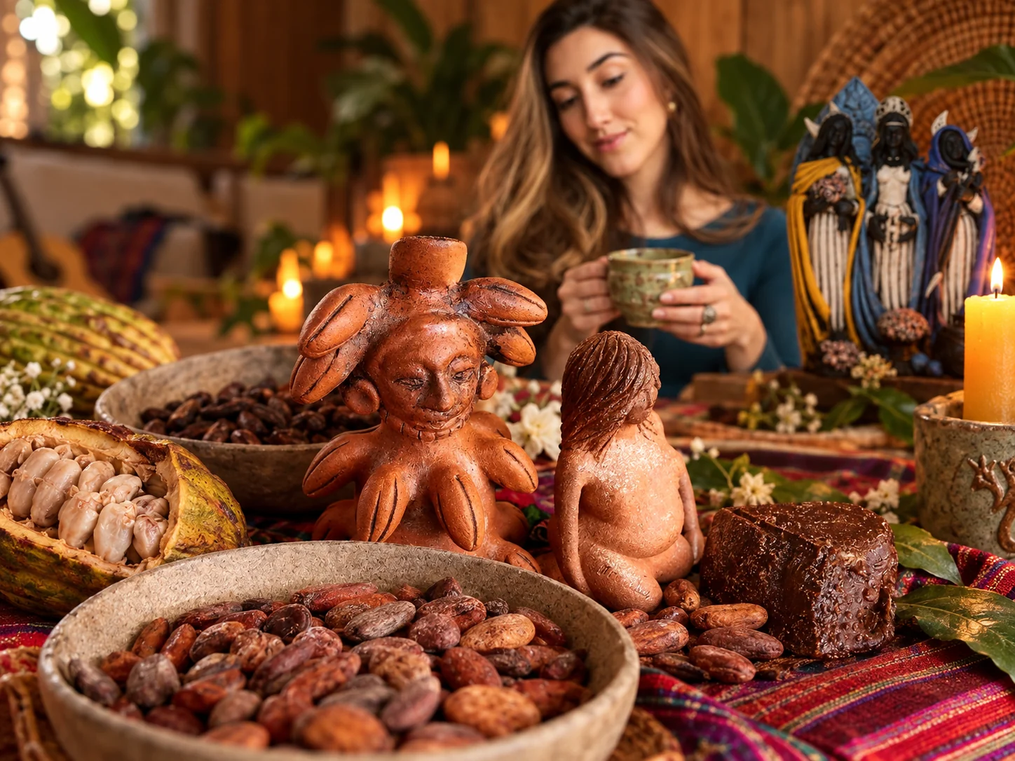 Altar cerimonial com cacau, cabosse aberta, peça de cacau, vela acesa e estátuas